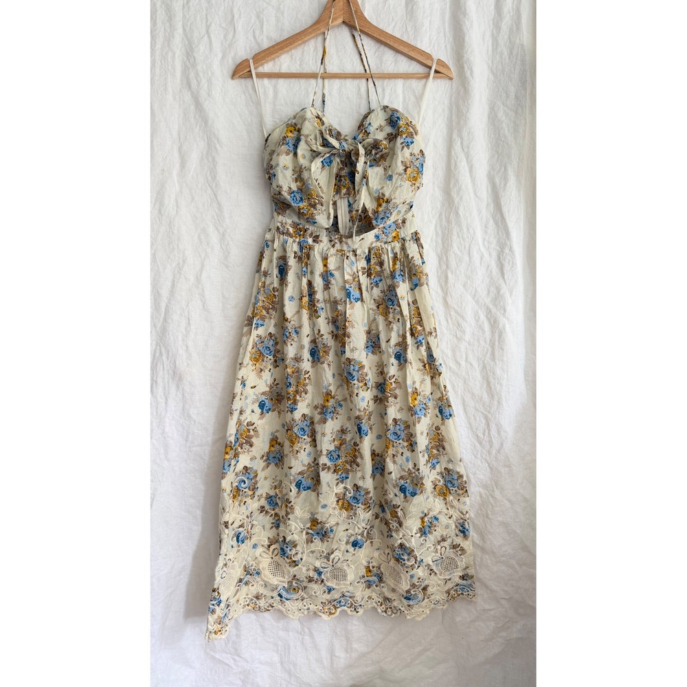 Showpo Floral Halter Midi Dress Womens Cream Blue Yellow Eyelet Cutout Size 6